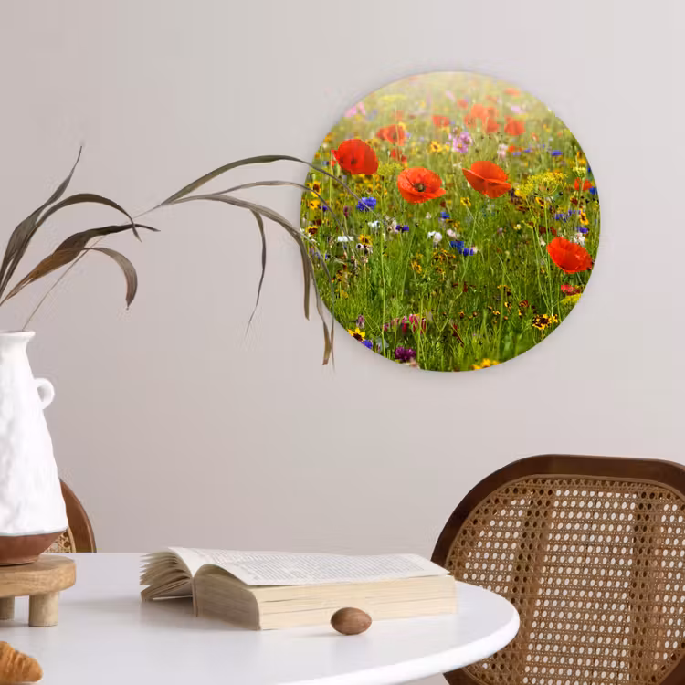 Lente - Bloemen - Rood - Klaproos - Gras - Groen Wandcirkel kunststof plaat 5mm dik klein -sfeer4
