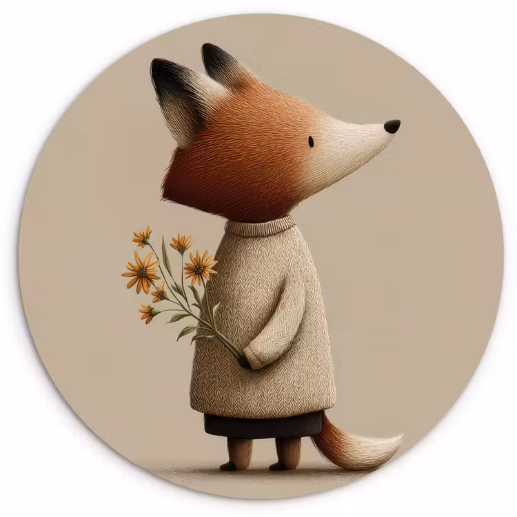 Vos - Gele bloemen - Minimalistisch Wandcirkel kunststof plaat 5mm dik klein -3d