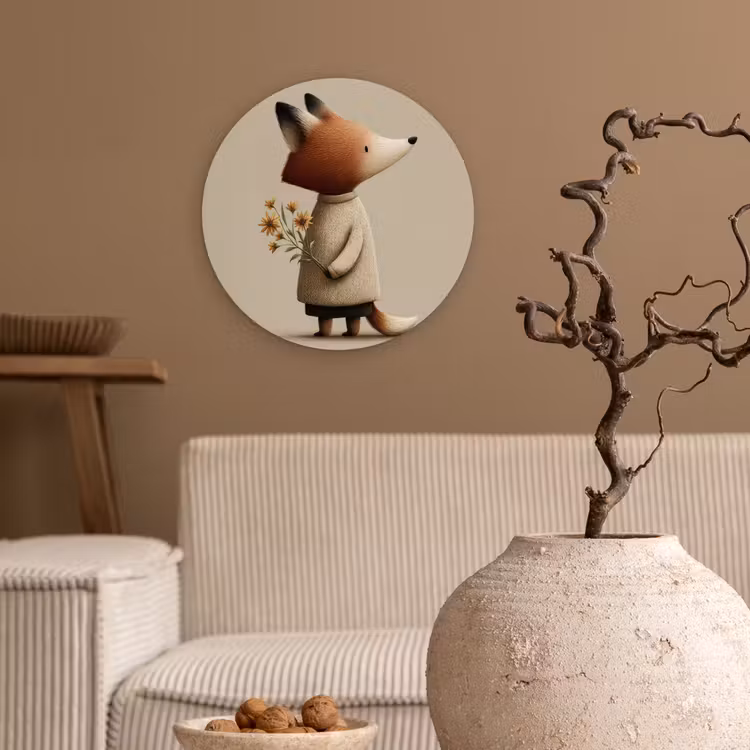 Vos - Gele bloemen - Minimalistisch Wandcirkel kunststof plaat 5mm dik klein -sfeer1
