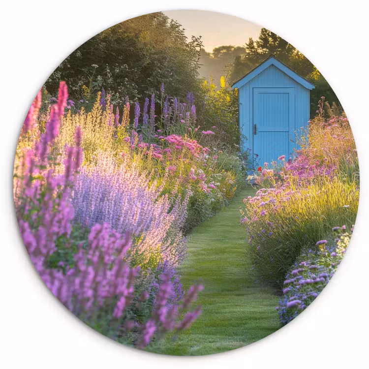 Tuinhuisje - Blauw - Bloemen Wandcirkel kunststof plaat 5mm dik klein -3d