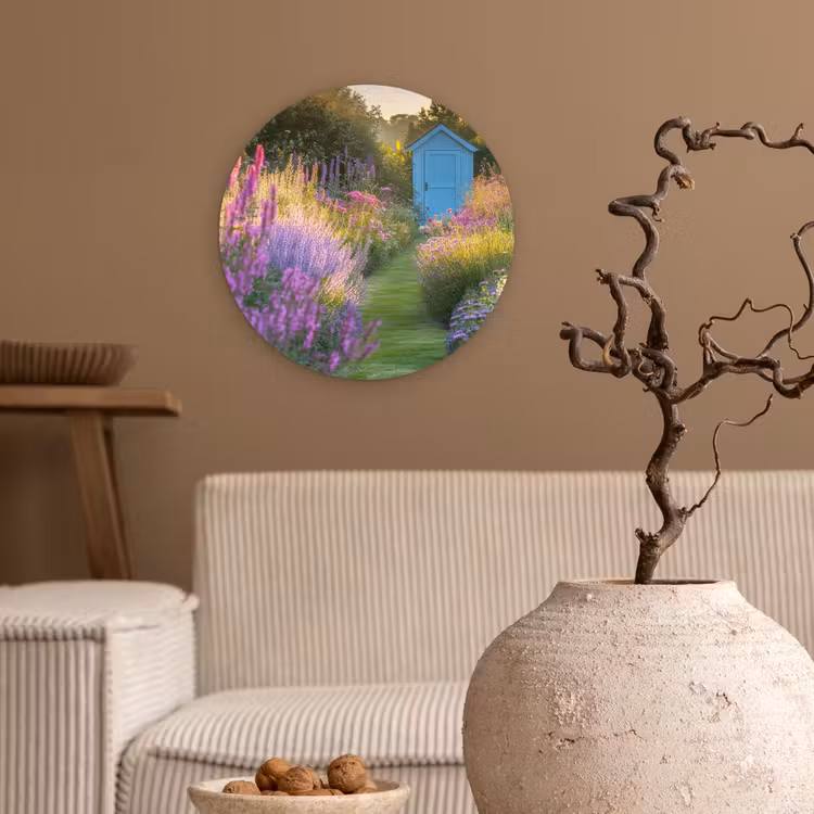 Tuinhuisje - Blauw - Bloemen Wandcirkel kunststof plaat 5mm dik klein -sfeer1