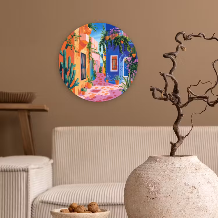 Geel - Blauw - Oranje - Huis Wandcirkel kunststof plaat 5mm dik klein -sfeer1