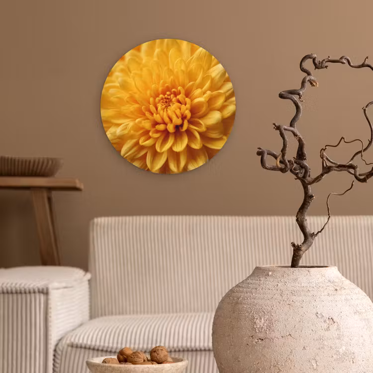 Geel - Chrysant - Zachtheid Wandcirkel kunststof plaat 5mm dik klein -sfeer1