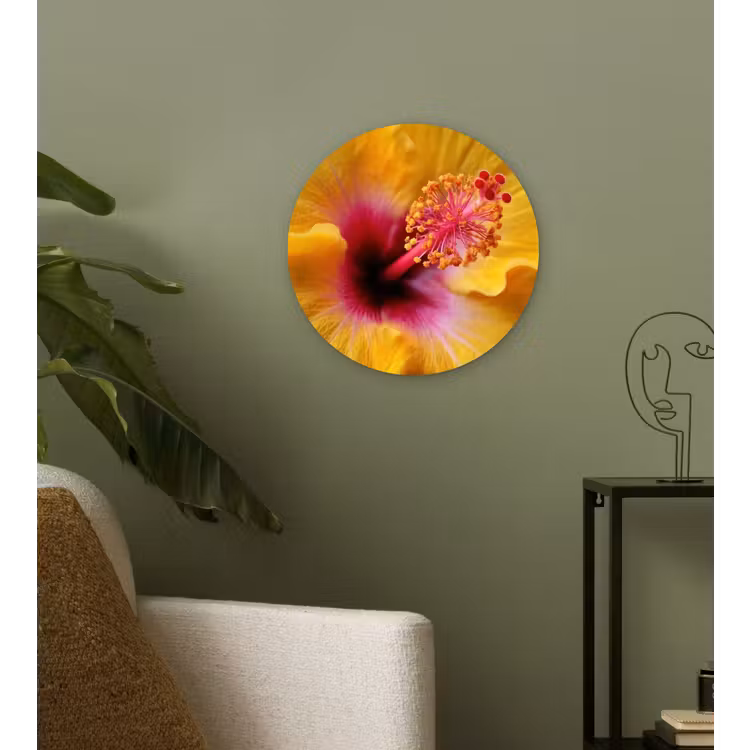 Geel - Hibiscus - Tropisch Wandcirkel kunststof plaat 5mm dik klein -sfeer3