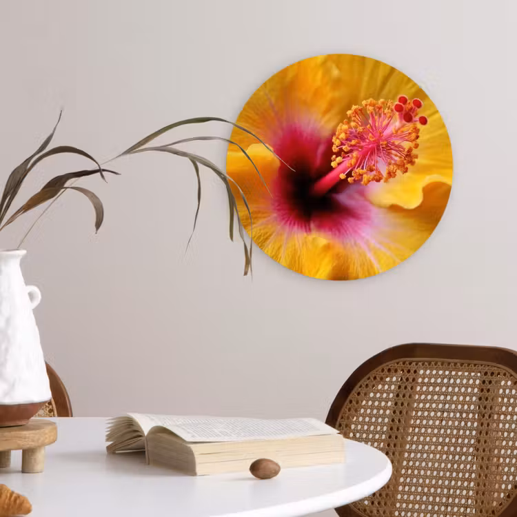 Geel - Hibiscus - Tropisch Wandcirkel kunststof plaat 5mm dik klein -sfeer4