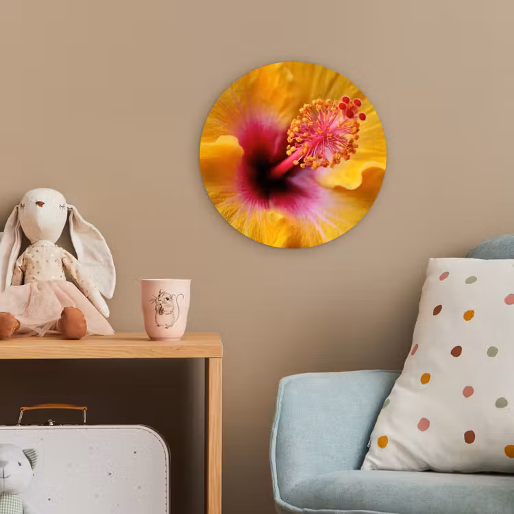 Geel - Hibiscus - Tropisch Wandcirkel kunststof plaat 5mm dik klein -tsfeer1_kind