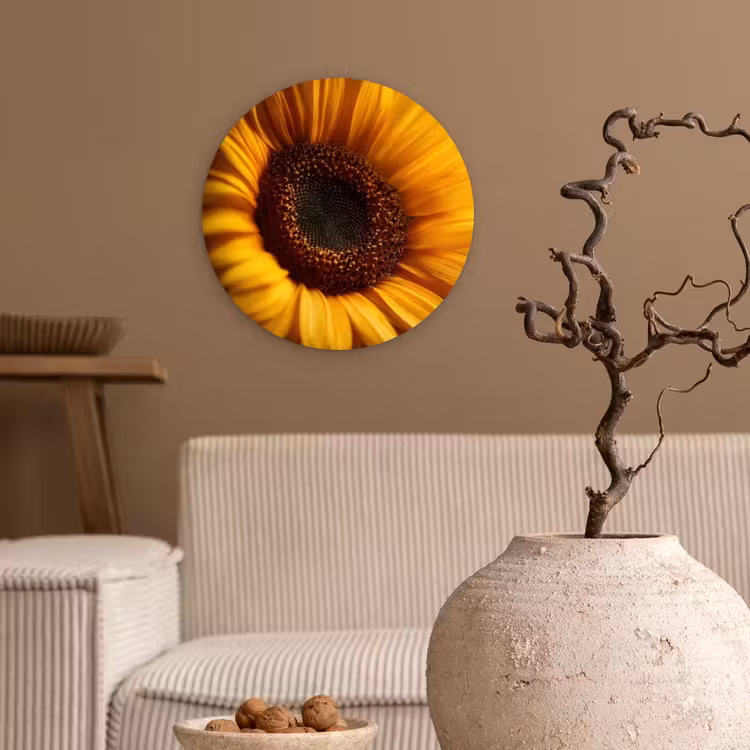 Geel - Zonnebloem - Zomers Wandcirkel kunststof plaat 5mm dik klein -sfeer1
