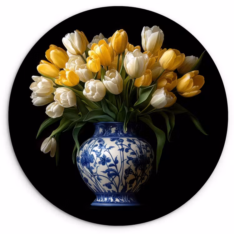 Geel - Tulpen - Vaas - Bloemen Wandcirkel kunststof plaat 5mm dik klein -3d