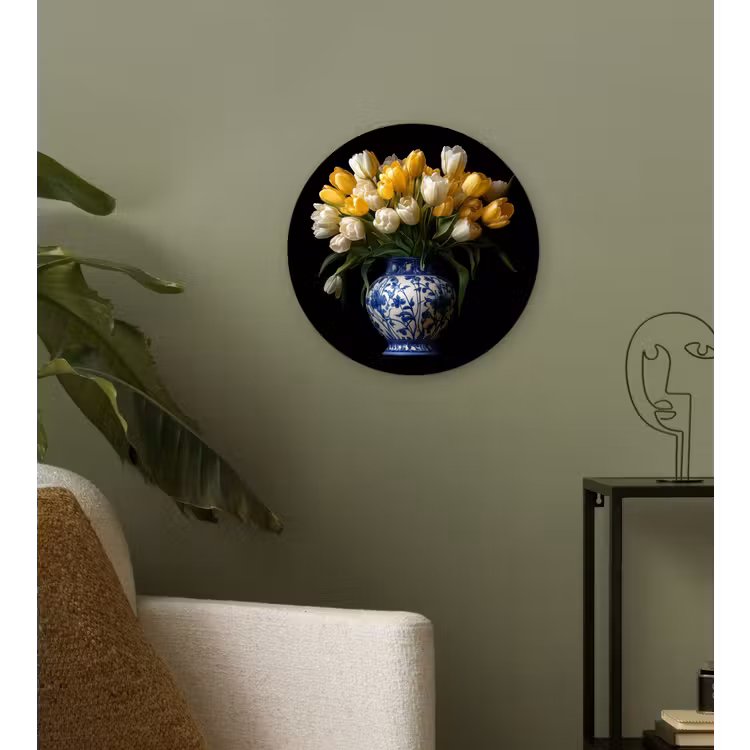 Geel - Tulpen - Vaas - Bloemen Wandcirkel kunststof plaat 5mm dik klein -sfeer3