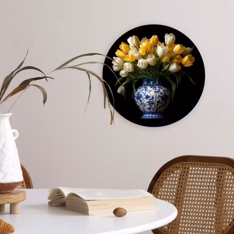 Geel - Tulpen - Vaas - Bloemen Wandcirkel kunststof plaat 5mm dik klein -sfeer4