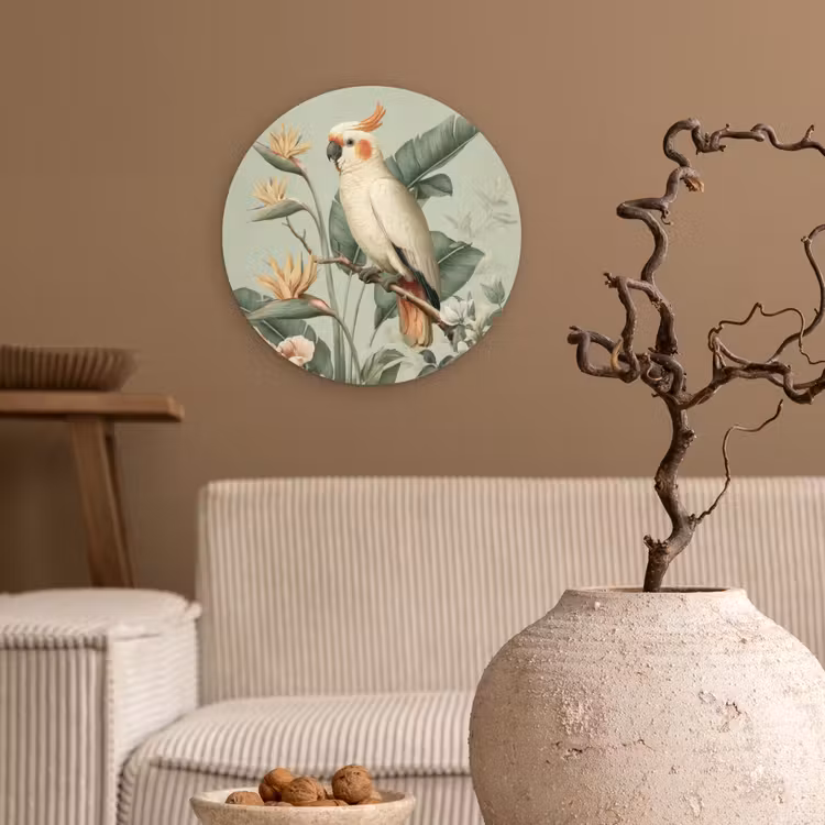 Gele kuifkaketoe - paradijsvogelbloemen - Groen Wandcirkel kunststof plaat 5mm dik klein -sfeer1