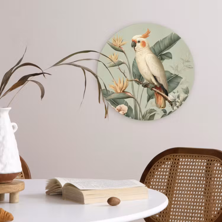 Gele kuifkaketoe - paradijsvogelbloemen - Groen Wandcirkel kunststof plaat 5mm dik klein -sfeer4