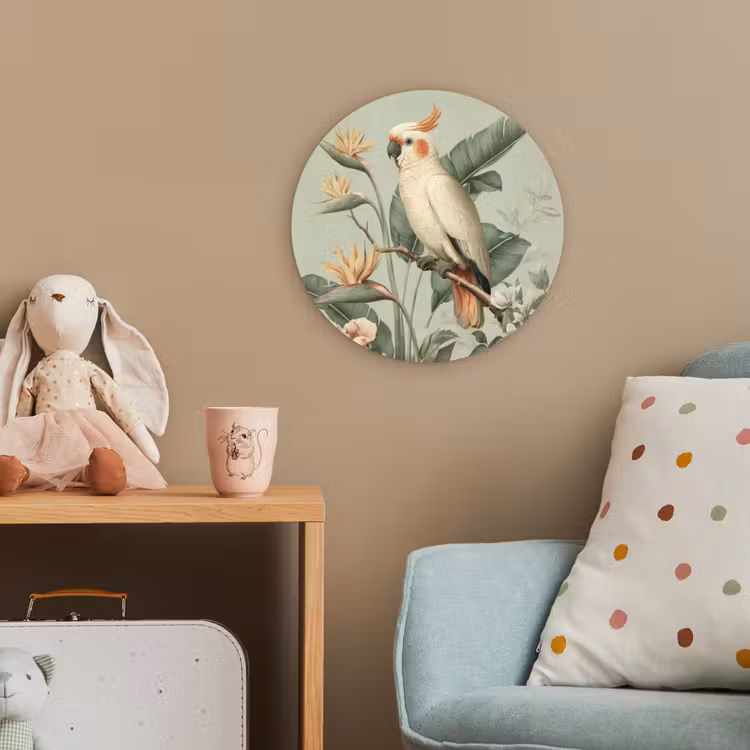 Gele kuifkaketoe - paradijsvogelbloemen - Groen Wandcirkel kunststof plaat 5mm dik klein -tsfeer1_kind