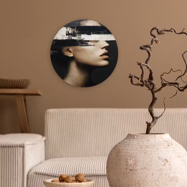 Gezicht - Vrouw - Zwart - Abstract Wandcirkel kunststof plaat 5mm dik klein -sfeer1