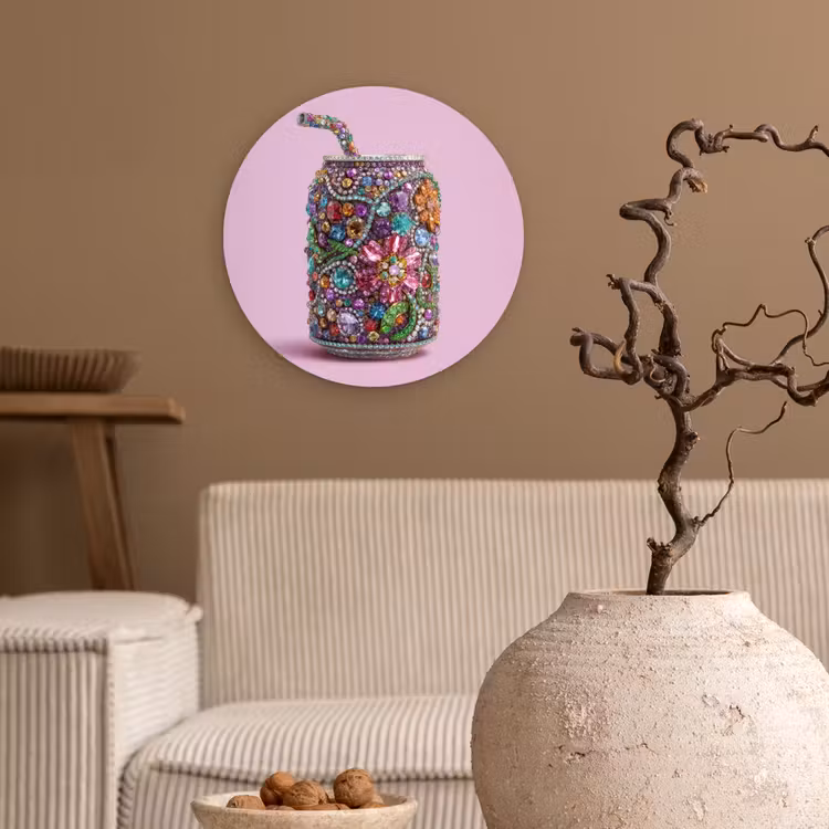 Frisdrankblikje - Bloemenpatroon - Edelstenen - Kleurrijk Wandcirkel kunststof plaat 5mm dik klein -sfeer1