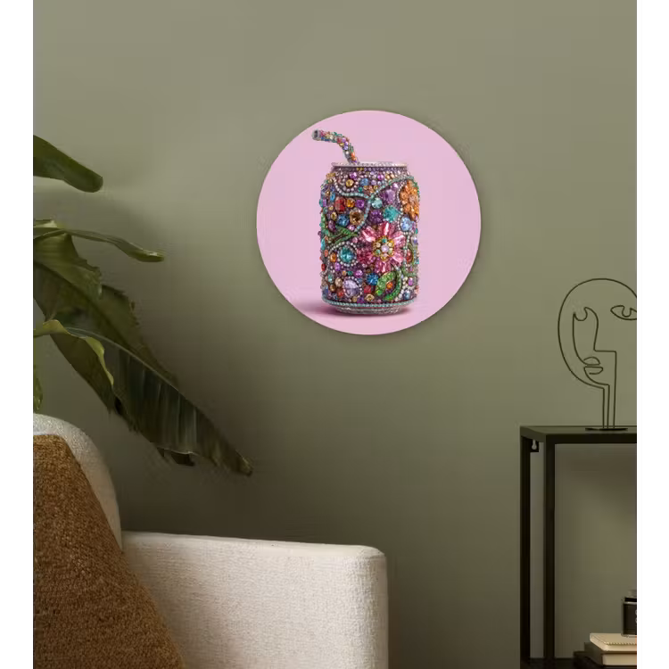 Frisdrankblikje - Bloemenpatroon - Edelstenen - Kleurrijk Wandcirkel kunststof plaat 5mm dik klein -sfeer3