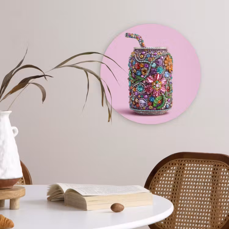 Frisdrankblikje - Bloemenpatroon - Edelstenen - Kleurrijk Wandcirkel kunststof plaat 5mm dik klein -sfeer4