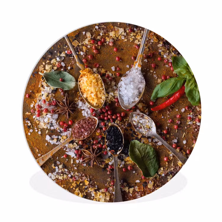 Specerijen - Kruiden - Lepels - Zout - Bruin - Keuken Wandcirkel kunststof plaat 5mm dik klein -3d