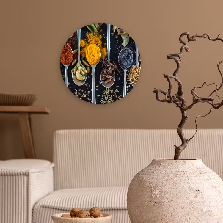 Kruiden - Lepel - Specerijen - Zwart - Keuken Wandcirkel kunststof plaat 5mm dik klein -sfeer1