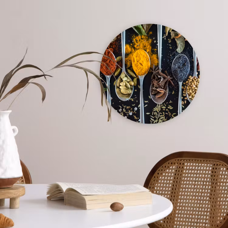 Kruiden - Lepel - Specerijen - Zwart - Keuken Wandcirkel kunststof plaat 5mm dik klein -sfeer4