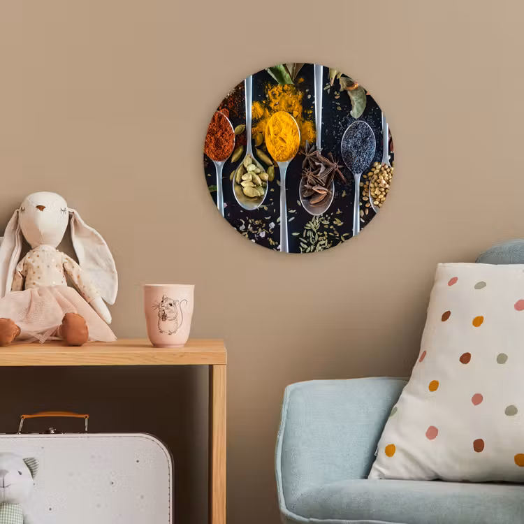 Kruiden - Lepel - Specerijen - Zwart - Keuken Wandcirkel kunststof plaat 5mm dik klein -tsfeer1_kind