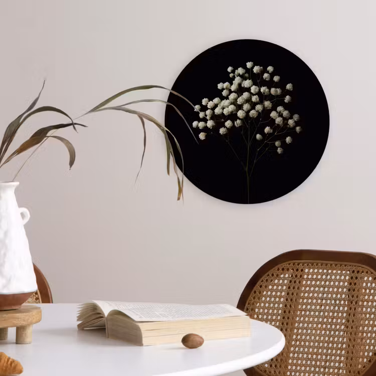 Gipskruid - Bloemetjes - Wit - Minimalistisch Wandcirkel kunststof plaat 5mm dik klein -sfeer4