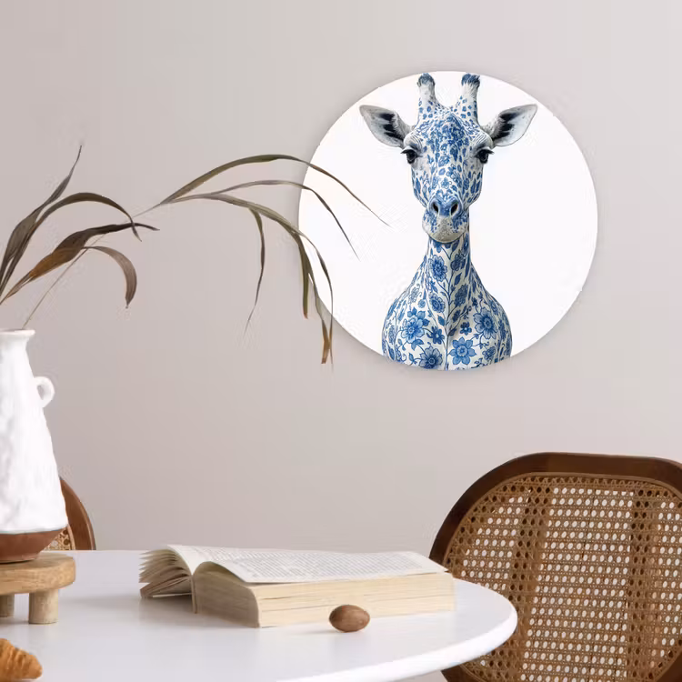 Giraffe - Delfts blauw - Dieren - Minimalistisch Wandcirkel kunststof plaat 5mm dik klein -sfeer4