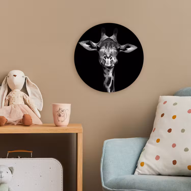 Giraffe - Portret - Dieren - Zwart - Wit Wandcirkel kunststof plaat 5mm dik klein -tsfeer1_kind