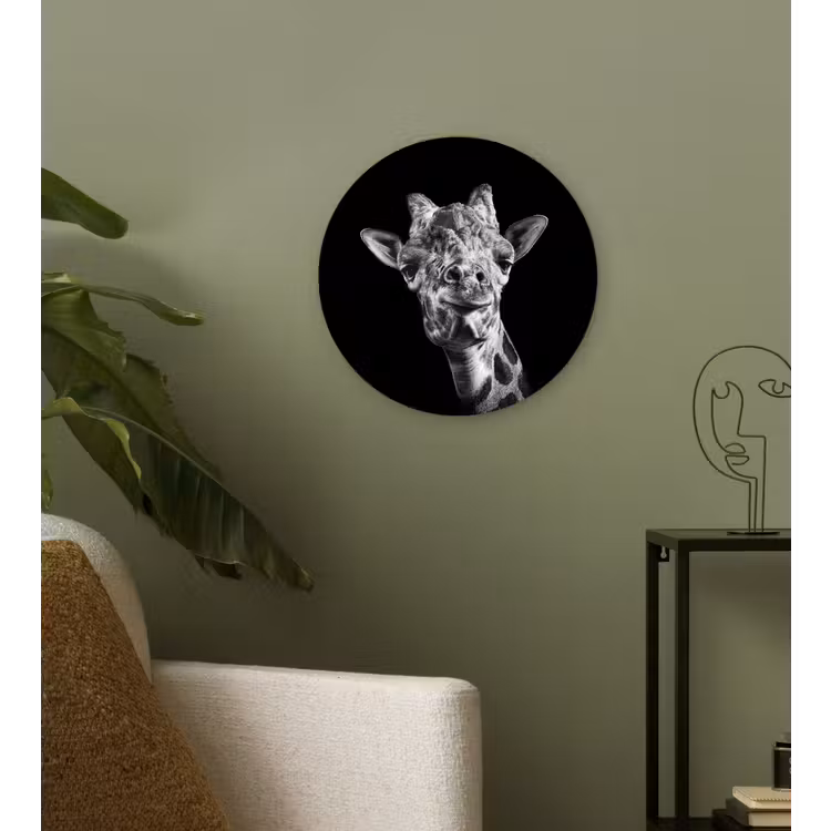 Giraffe - Dier - Zwart - Wit Wandcirkel kunststof plaat 5mm dik klein -sfeer3
