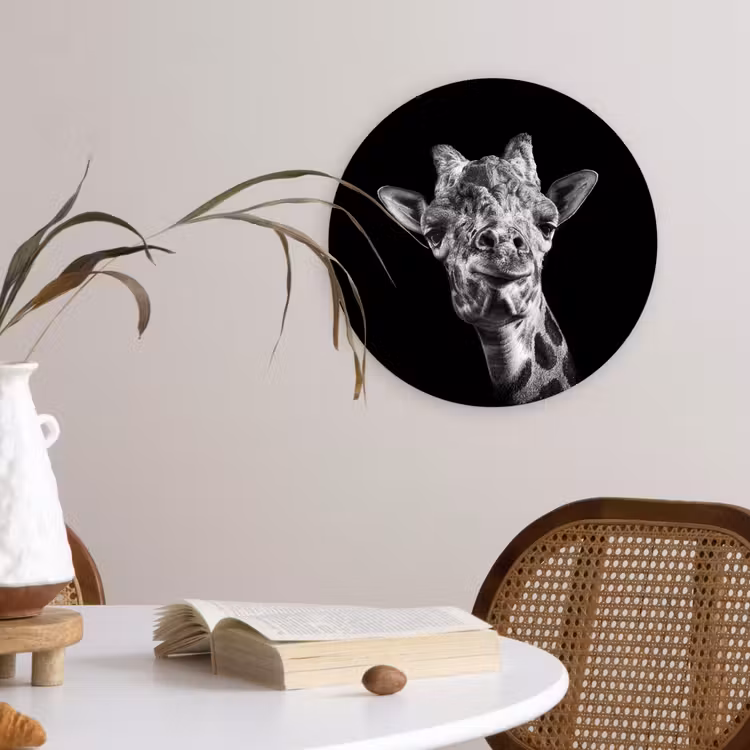 Giraffe - Dier - Zwart - Wit Wandcirkel kunststof plaat 5mm dik klein -sfeer4