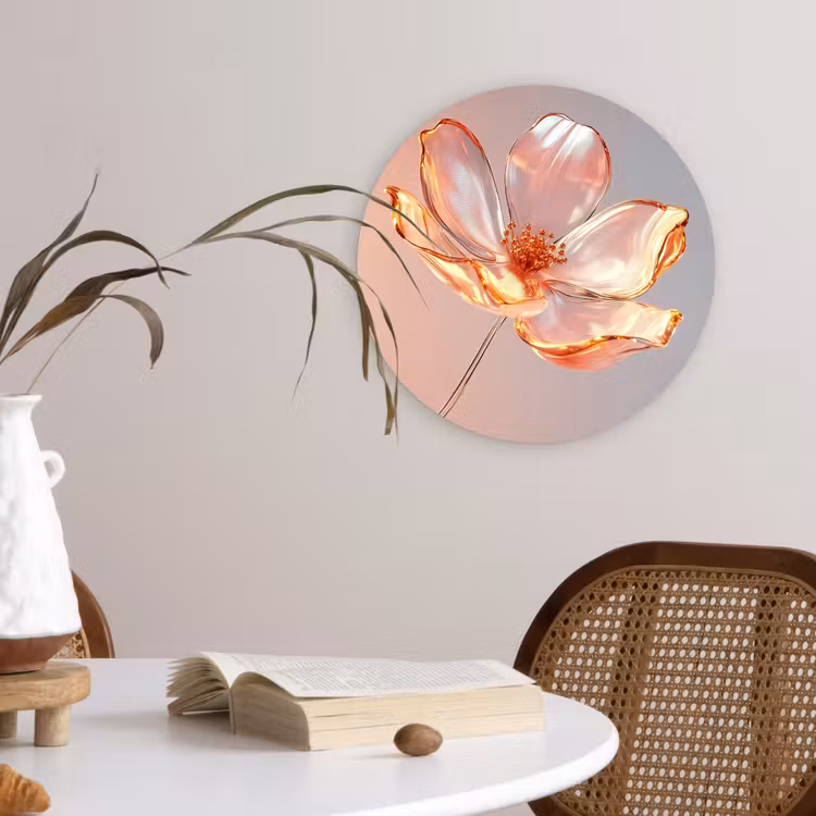 Glazen - Bloem - Roze Wandcirkel kunststof plaat 5mm dik klein -sfeer4