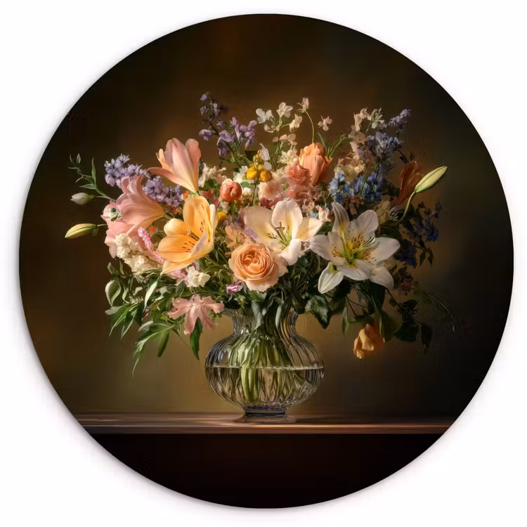 Glazen - Bloemen - Boeket - Kleuren Wandcirkel kunststof plaat 5mm dik klein -3d