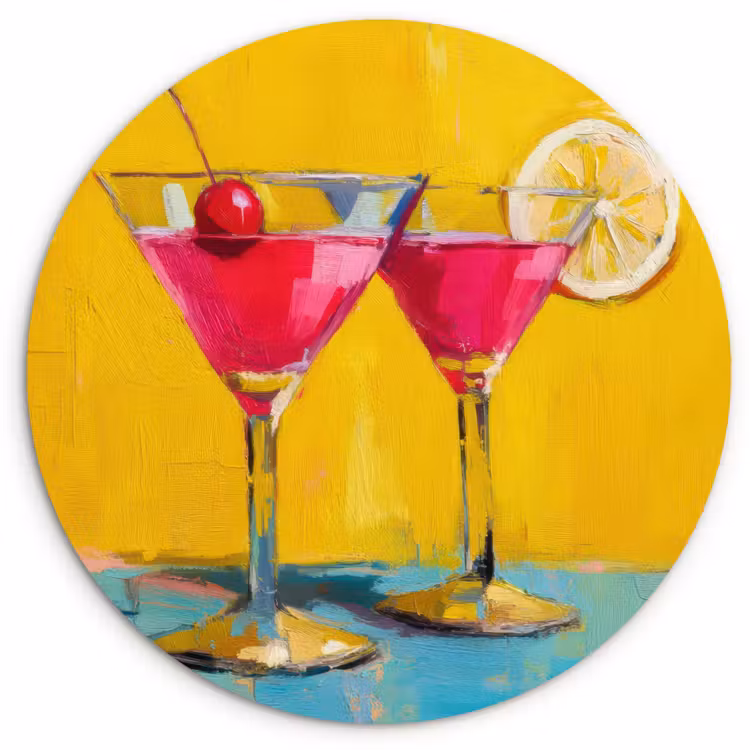 Glazen - Cocktail - Citroen - Kers Wandcirkel kunststof plaat 5mm dik klein -3d
