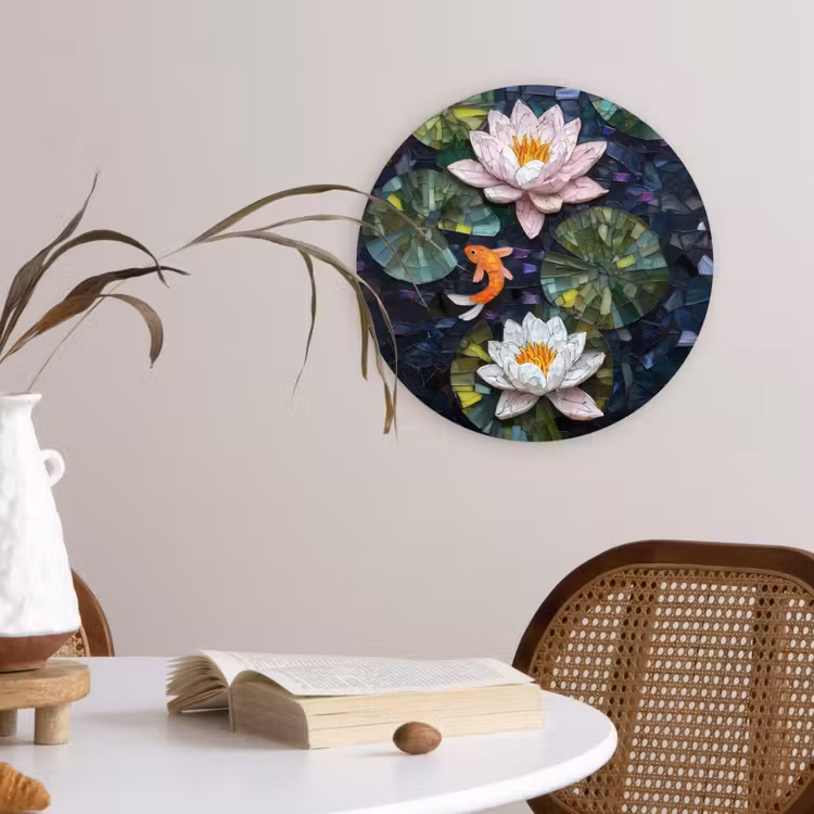 Glasstukjes - Leliebladeren - Vis - Oranje Wandcirkel kunststof plaat 5mm dik klein -sfeer4