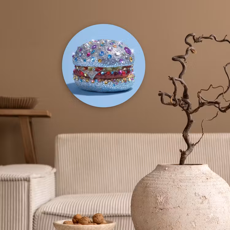 Glitters - Hamburger - Blauw Wandcirkel kunststof plaat 5mm dik klein -sfeer1