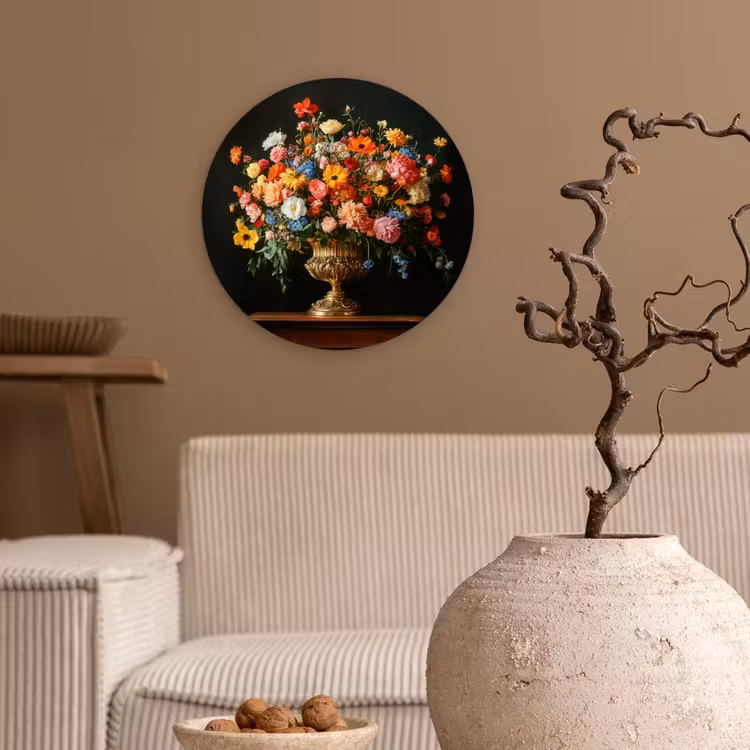 Goud - Bloemen - Kleuren - Vaas Wandcirkel kunststof plaat 5mm dik klein -sfeer1