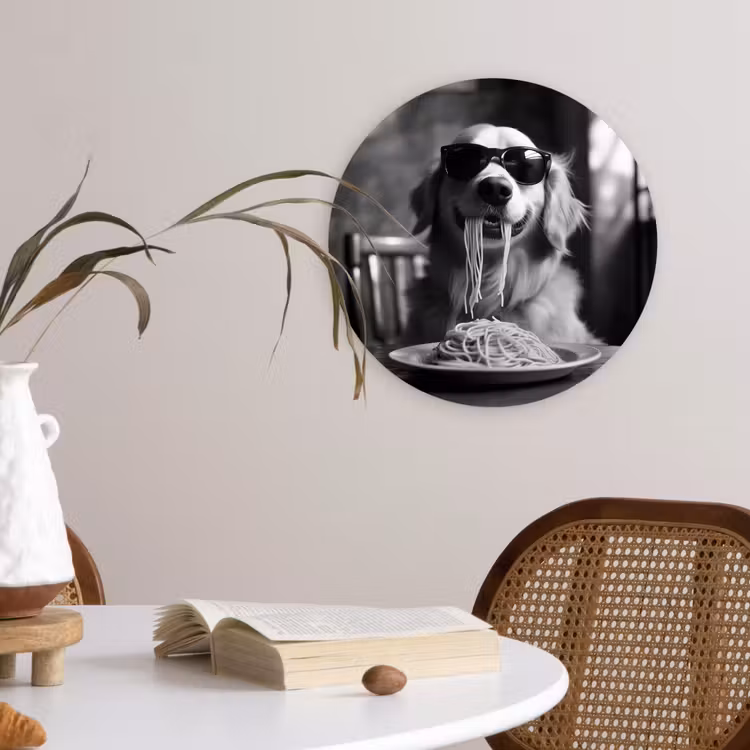 Golden Retriever - Hond - Vrolijk - Bord spaghetti - Zwart - wit Wandcirkel kunststof plaat 5mm dik klein -sfeer4