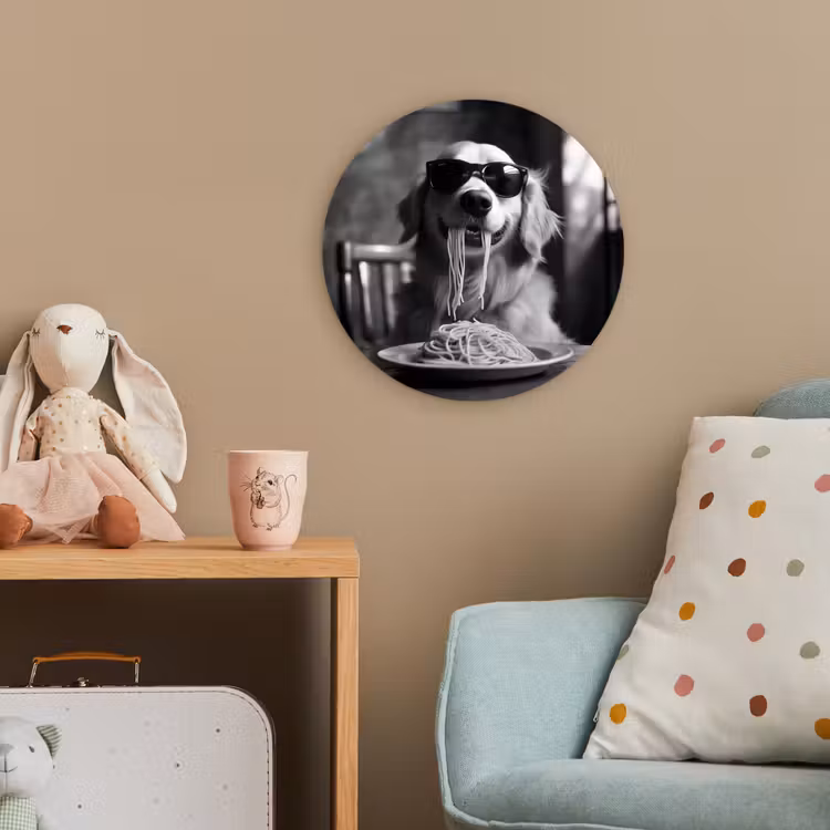 Golden Retriever - Hond - Vrolijk - Bord spaghetti - Zwart - wit Wandcirkel kunststof plaat 5mm dik klein -tsfeer1_kind