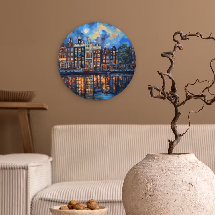 Grachten Amsterdam - Huizen - Stad - Kleurrijk Wandcirkel kunststof plaat 5mm dik klein -sfeer1