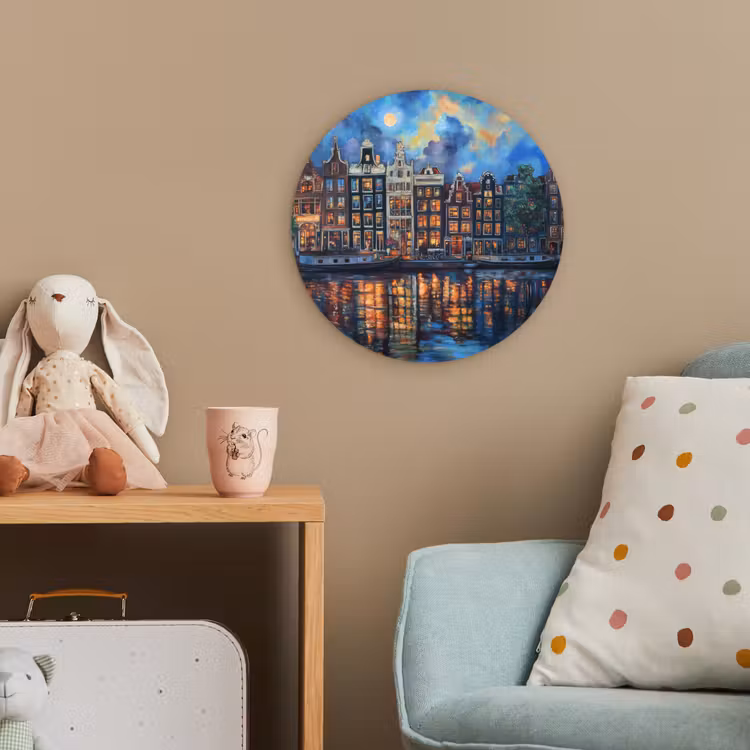 Grachten Amsterdam - Huizen - Stad - Kleurrijk Wandcirkel kunststof plaat 5mm dik klein -tsfeer1_kind