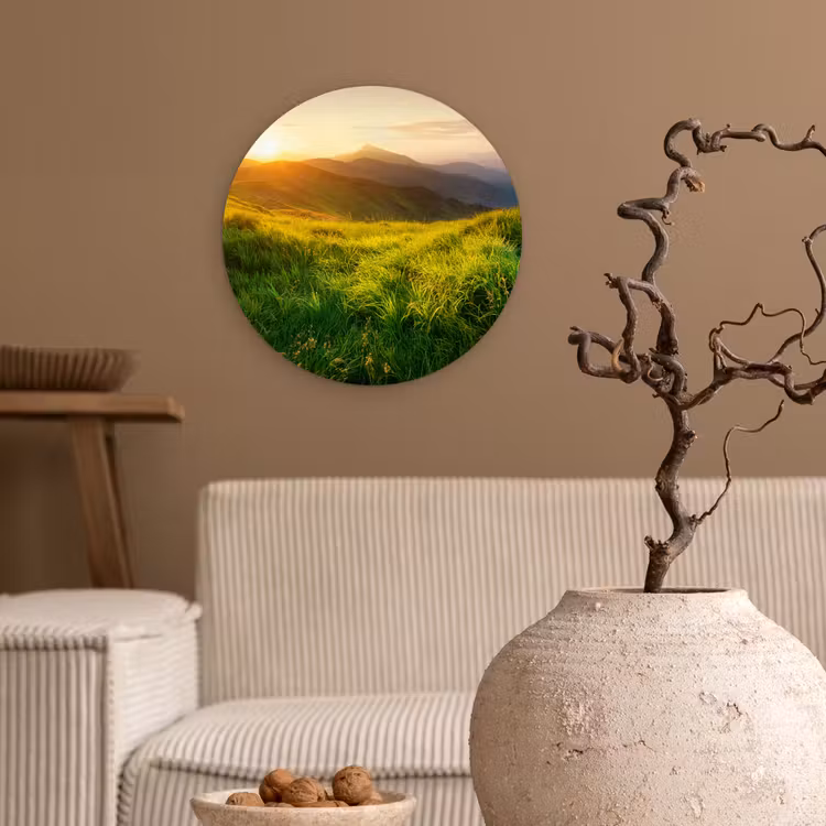 Gras - Heuvels - Zon - Natuur - Landschap Wandcirkel kunststof plaat 5mm dik klein -sfeer1