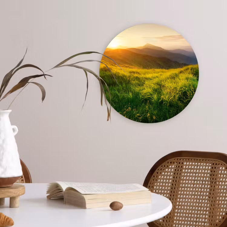 Gras - Heuvels - Zon - Natuur - Landschap Wandcirkel kunststof plaat 5mm dik klein -sfeer4