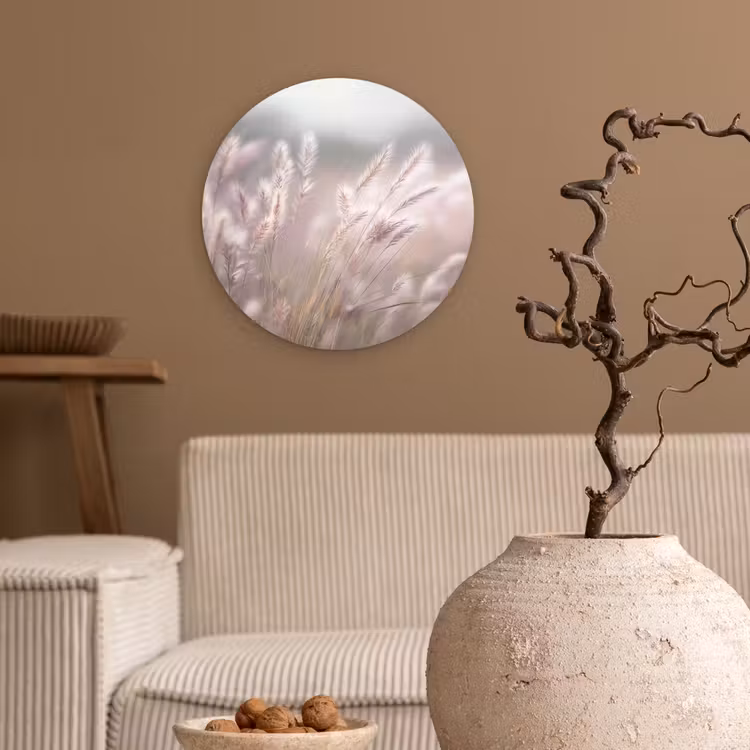 Graspluimen - Wind - Beige - Mistig Wandcirkel kunststof plaat 5mm dik klein -sfeer1
