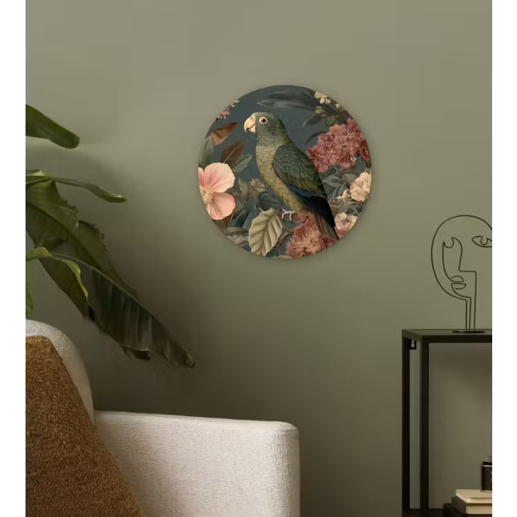 Groene papegaai - Kleurrijke bloemen - Donkere achtergrond Wandcirkel kunststof plaat 5mm dik klein -sfeer3