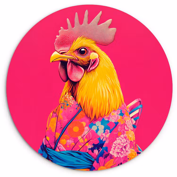 Haan - Kleurrijk - Kimono - Roze Wandcirkel kunststof plaat 5mm dik klein -3d