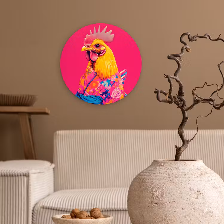Haan - Kleurrijk - Kimono - Roze Wandcirkel kunststof plaat 5mm dik klein -sfeer1
