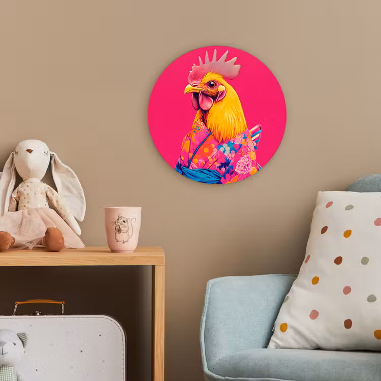 Haan - Kleurrijk - Kimono - Roze Wandcirkel kunststof plaat 5mm dik klein -tsfeer1_kind