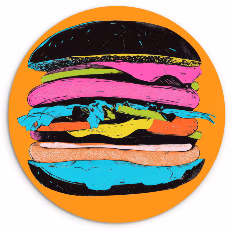 Hamburger - Kleurrijk - Speels Wandcirkel kunststof plaat 5mm dik klein -3d