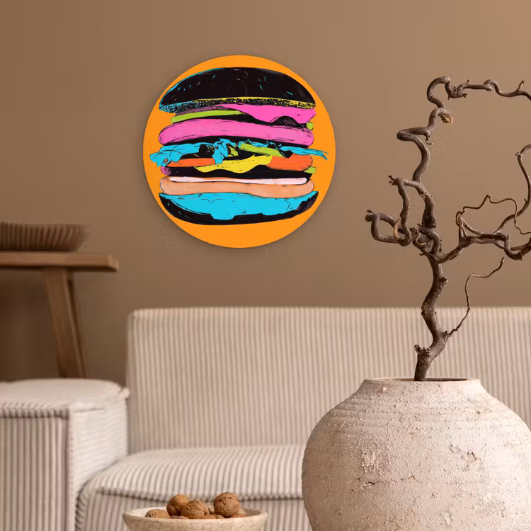 Hamburger - Kleurrijk - Speels Wandcirkel kunststof plaat 5mm dik klein -sfeer1