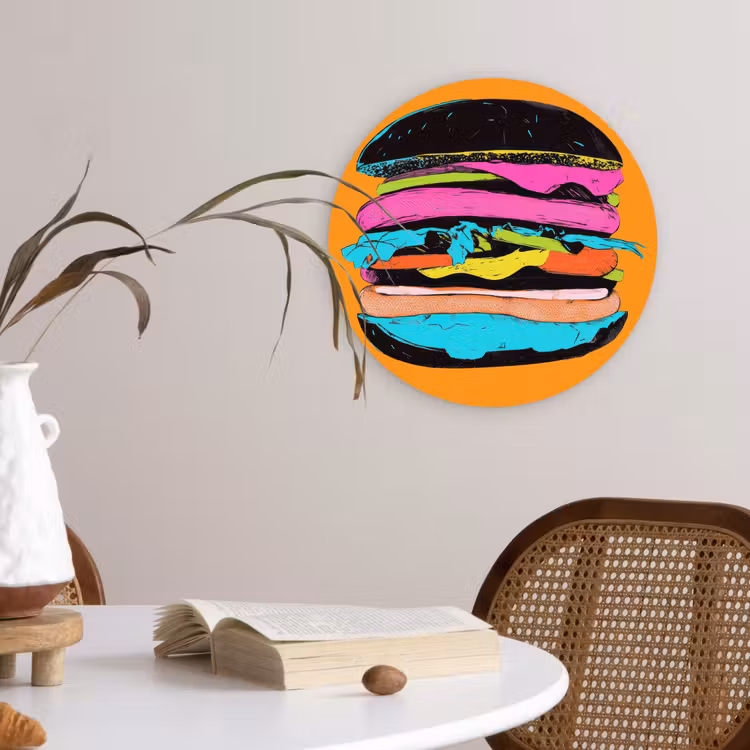 Hamburger - Kleurrijk - Speels Wandcirkel kunststof plaat 5mm dik klein -sfeer4